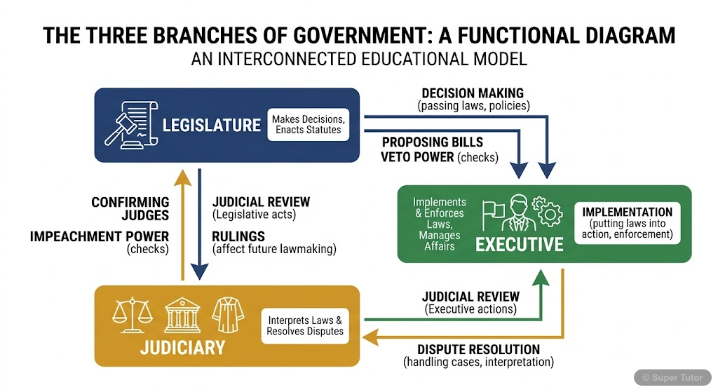 A diagram illustrating the three key institutions in a democracy: Legislature, Executive, and Judiciary, and their interconnected roles in decision-making, implementation, and dispute resolution.