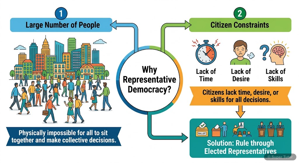 An infographic explaining why direct democracy is impractical in modern large nations, leading to the necessity of representative democracy due to population size and citizen constraints.