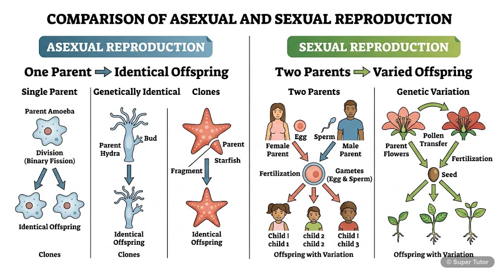 A comparison diagram highlighting the key differences between asexual and sexual reproduction, including the number of parents, genetic similarity of offspring, and common examples.
