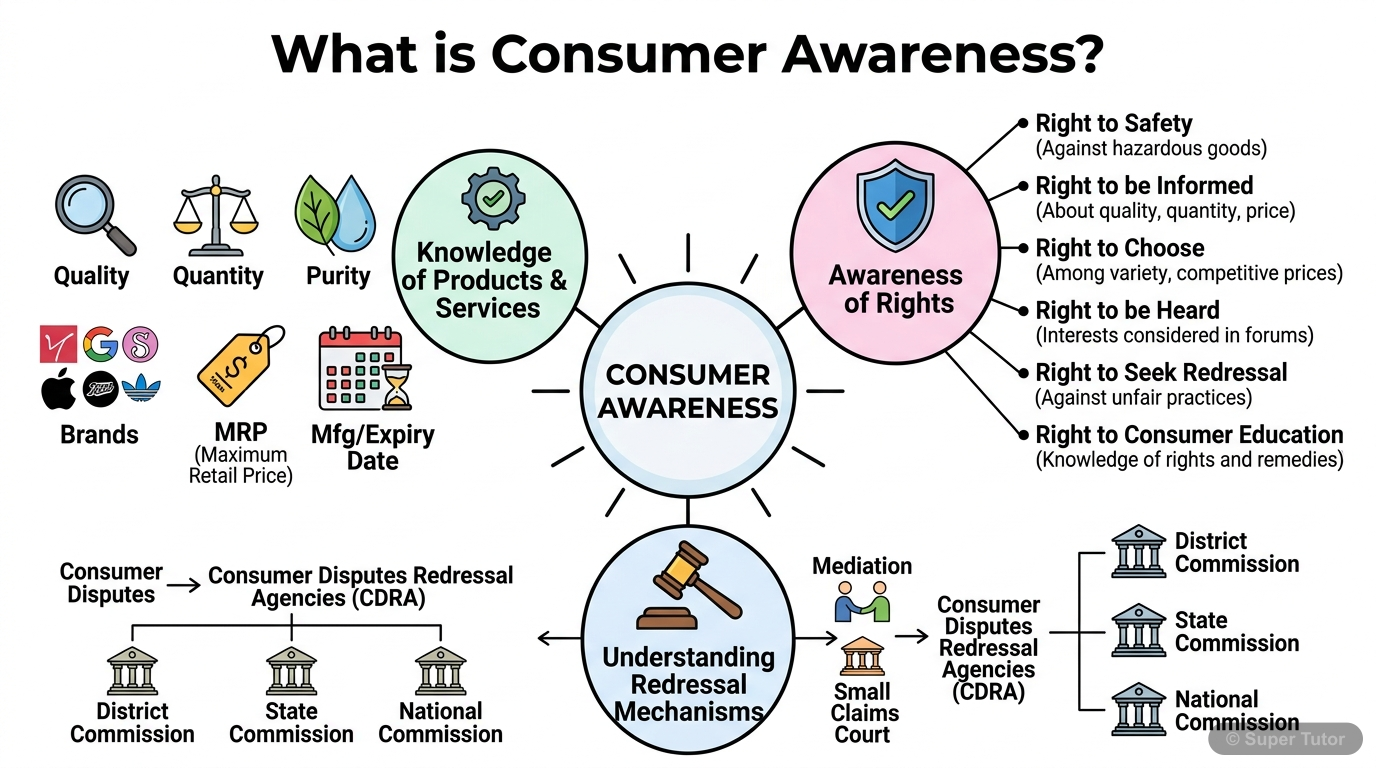 An infographic explaining the meaning of consumer awareness, including key information consumers should know about products and services (quality, quantity, purity, brands, MRP, manufacturing/expiry d