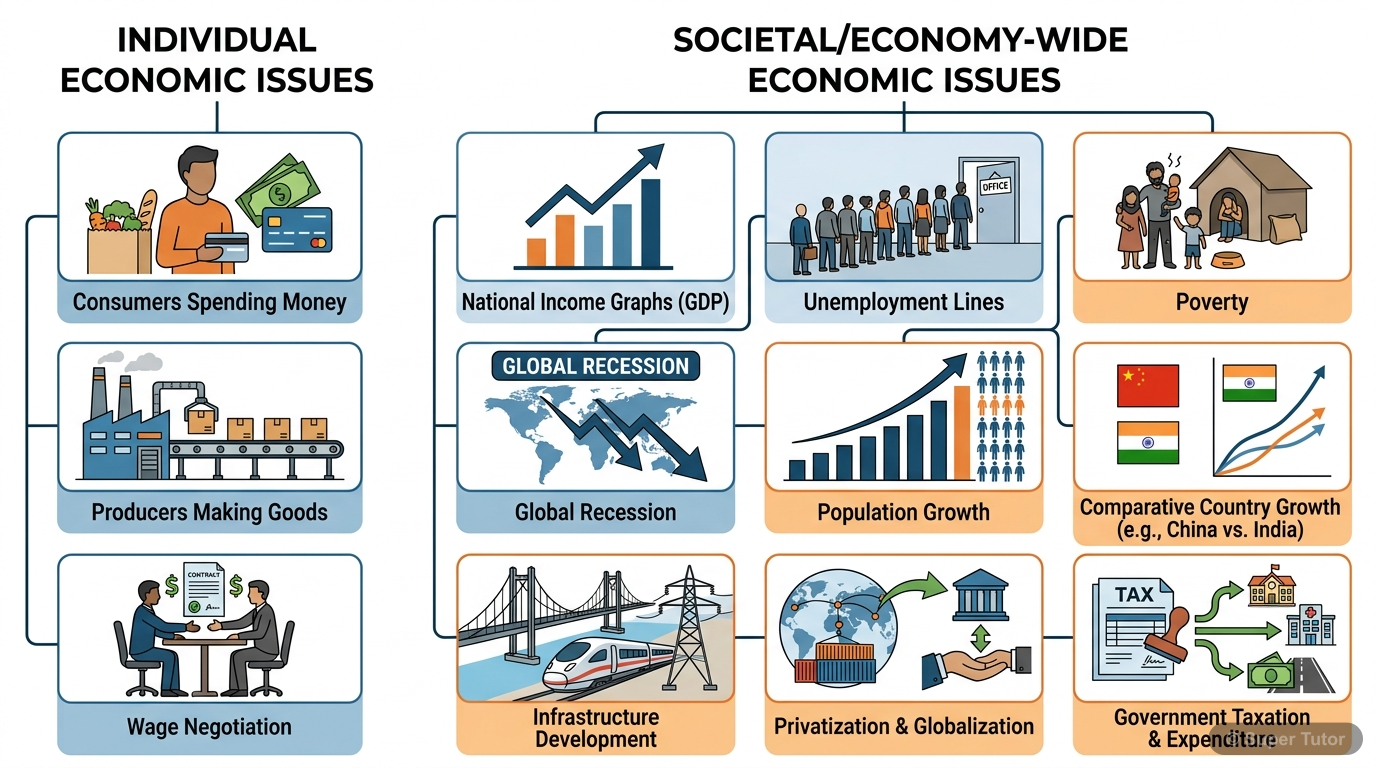 An infographic illustrating various economic issues faced by individuals and society, categorized for clarity.