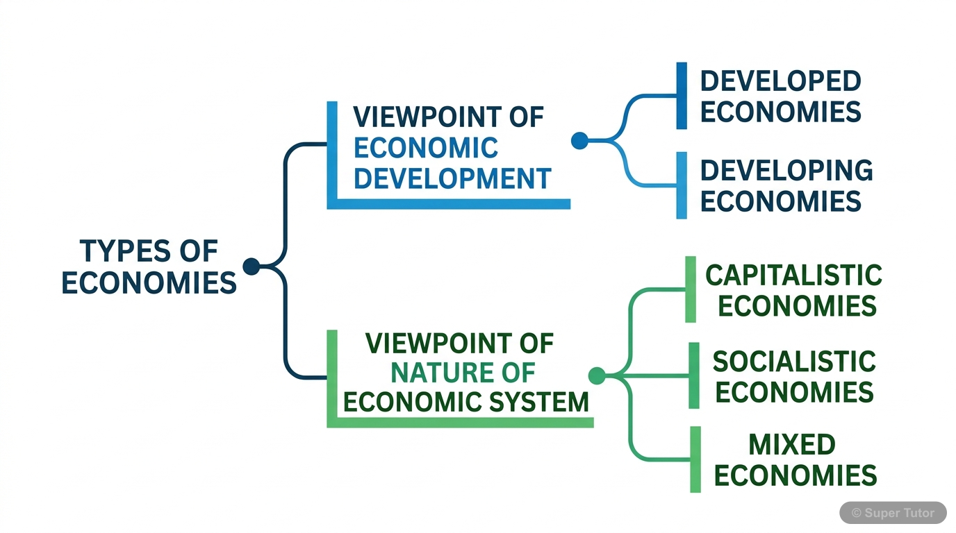 A diagram illustrating the two main classifications of economies: by degree of economic development (Developed and Developing) and by nature of the economic system (Capitalistic, Socialistic, and Mixe