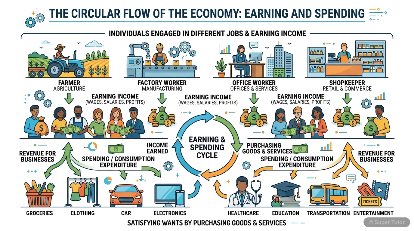 An infographic explaining the meaning of an economy as an organization where people earn income to satisfy wants, showing various workplaces and activities.