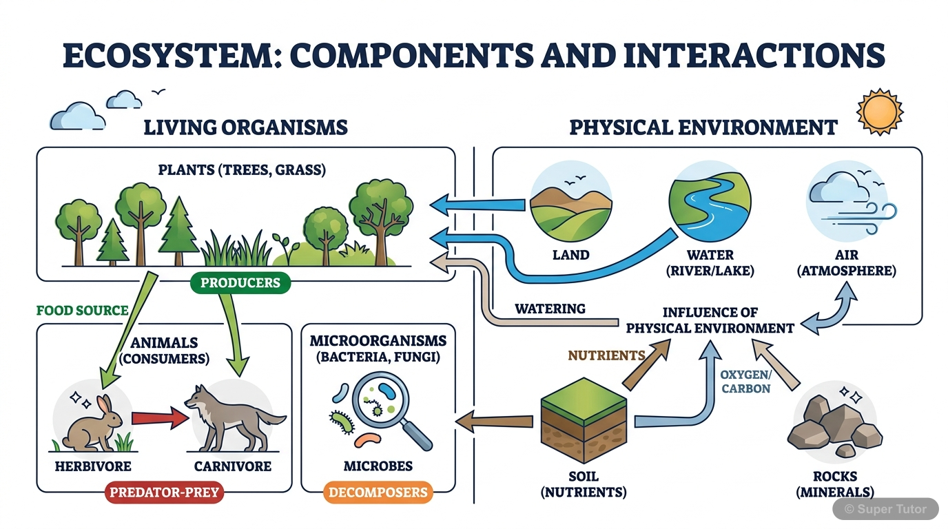 A diagram illustrating the components of an ecosystem, including living organisms (plants, animals, microorganisms) and their physical environment (land, water, air, soil, rocks), and showing the vari