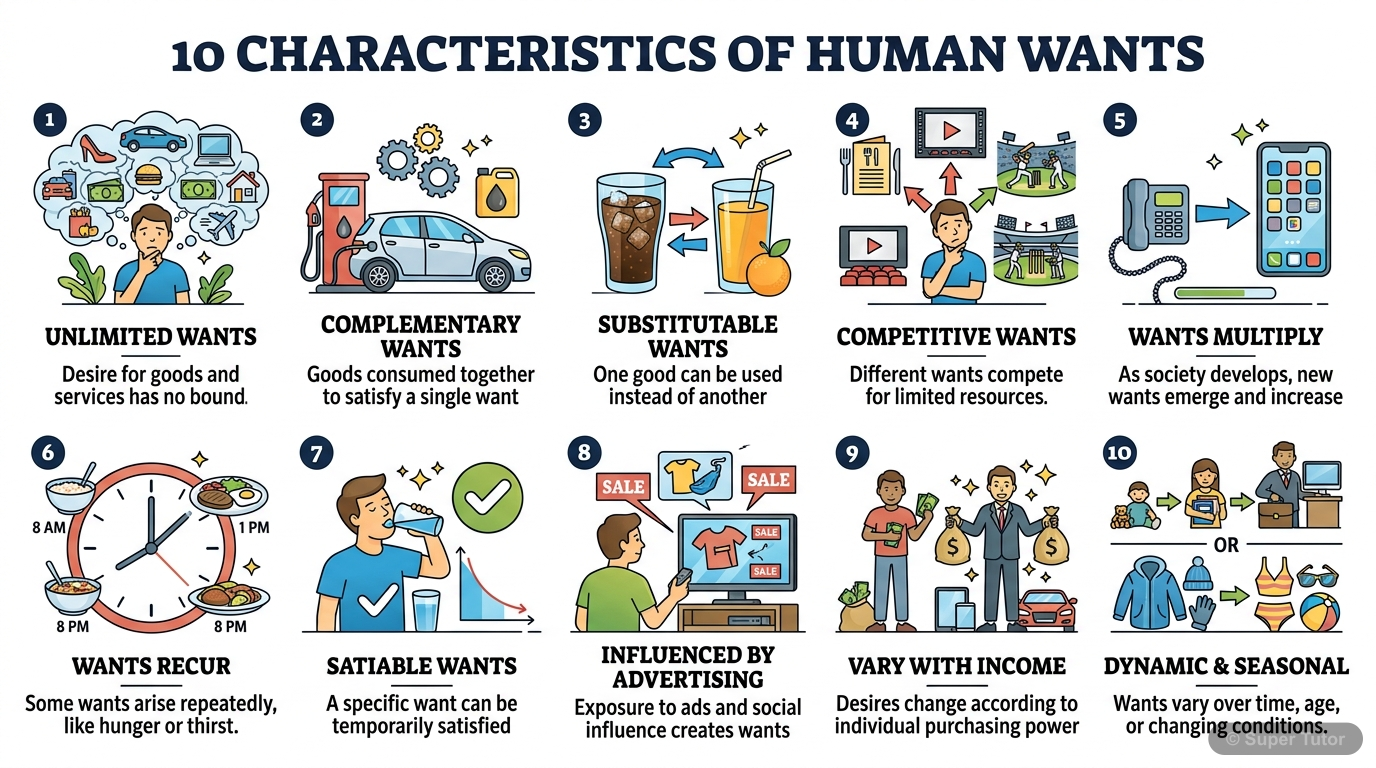 An infographic illustrating the ten key characteristics of human wants, such as unlimited, complementary, substitutable, competitive, recurring, and differing in intensity, with simple icons or mini-s