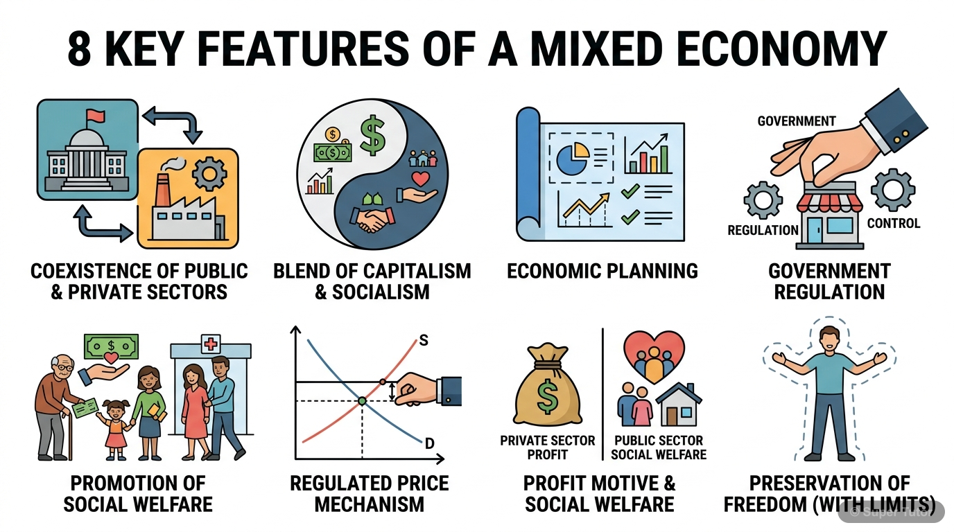 An infographic illustrating the key features of a mixed economy, including coexistence of public and private sectors, combination of capitalistic and socialistic features, economic planning, regulatio