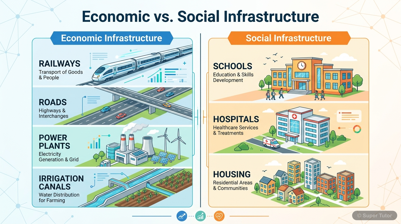 A clear, concise infographic differentiating between Economic Infrastructure and Social Infrastructure with illustrative examples for each category.