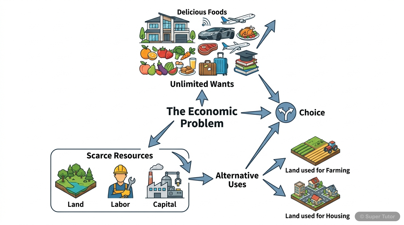 A diagram illustrating Lionel Robbins' scarcity definition, showing the relationship between unlimited wants, scarce resources with alternative uses, and the resulting problem of choice.