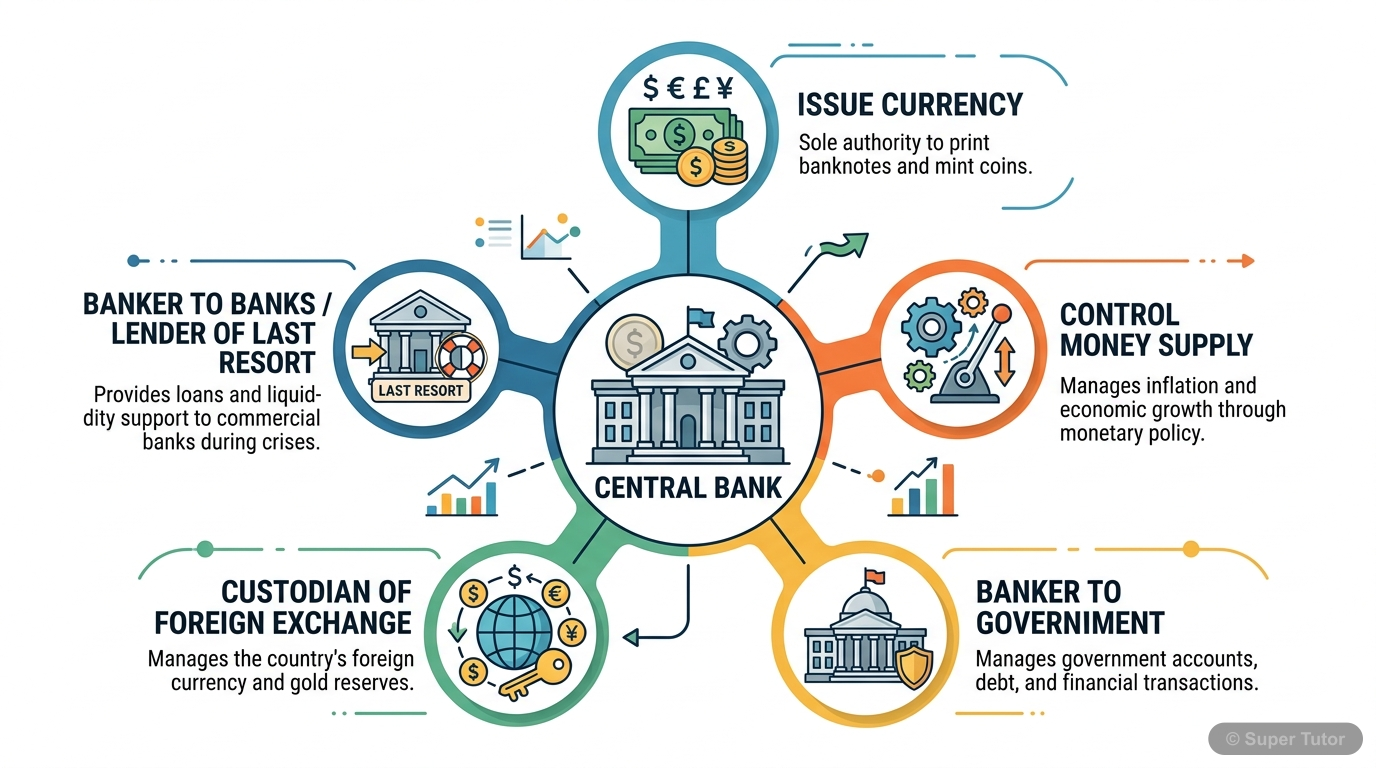 An infographic detailing the key functions of a central bank, such as issuing currency, controlling money supply, acting as banker to government, custodian of foreign exchange, and banker to banks.