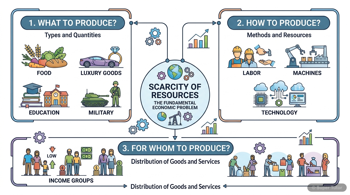 The Three Central Problems of an Economy An infographic illustrating the three fundamental economic problems: What to produce?, How to produce?, and For whom to produce?, with brief explanations and examples for each.