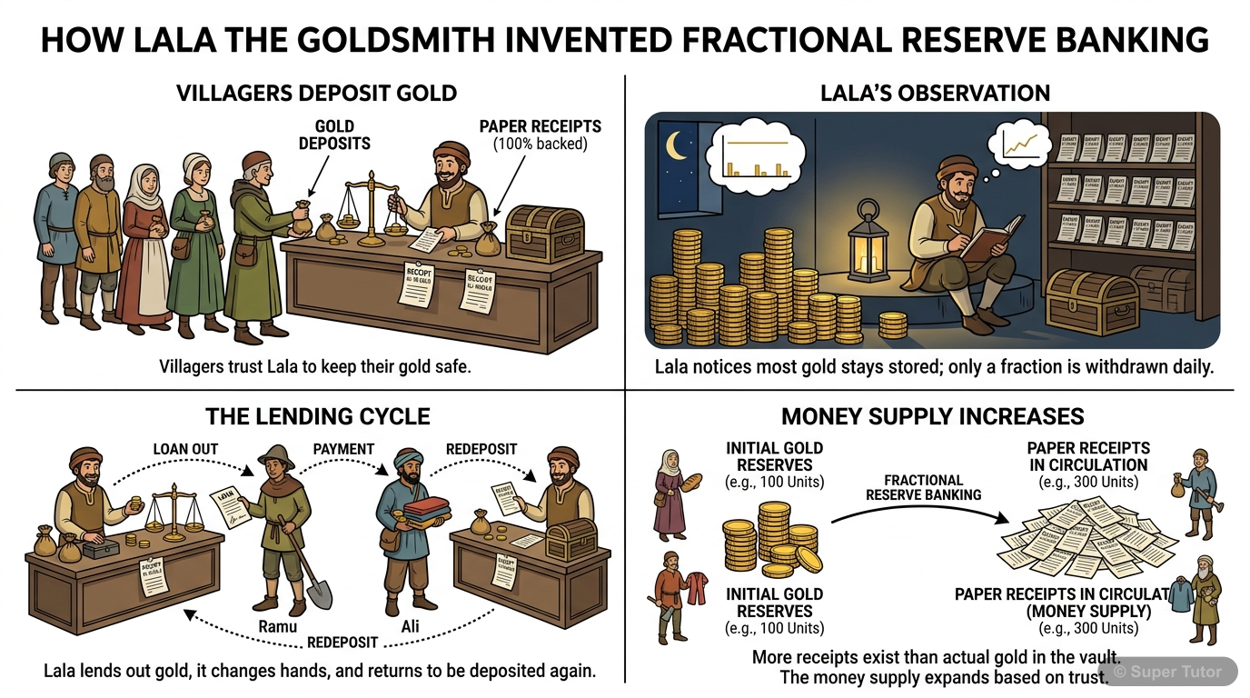 Commercial Bank Credit Creation (Goldsmith Story) An illustration depicting the 'Lala the Goldsmith' story to explain how commercial banks create credit by lending out a portion of deposits, leading to an increase in the money supply.