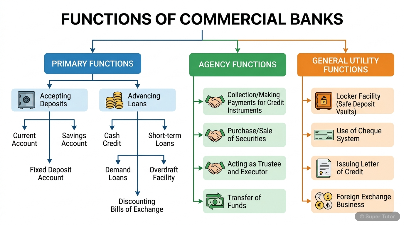 A flowchart illustrating the three main categories of commercial bank functions: Primary, Agency, and General Utility, with examples for each.