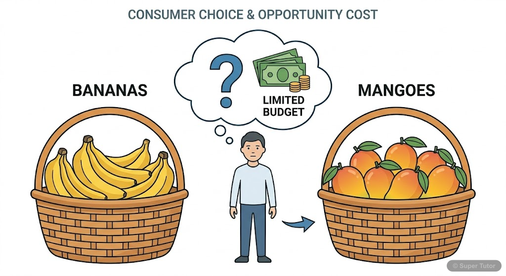 An illustration showing a consumer facing a choice between two goods (e.g., bananas and mangoes) with a limited income, representing the fundamental problem of choice in consumer behavior.