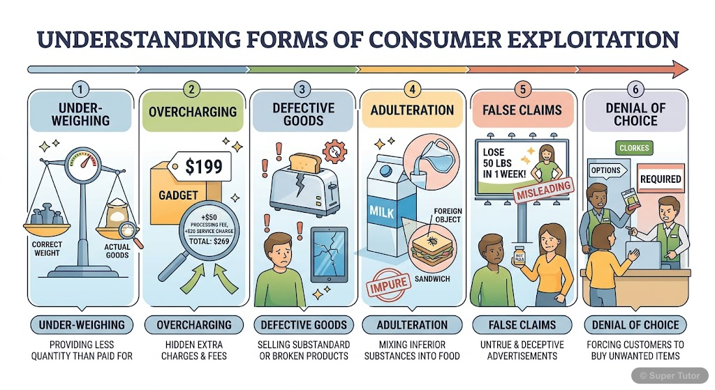 An infographic illustrating various ways consumers are exploited in the market, such as underweighting, overcharging, selling defective/adulterated goods, and false advertising.