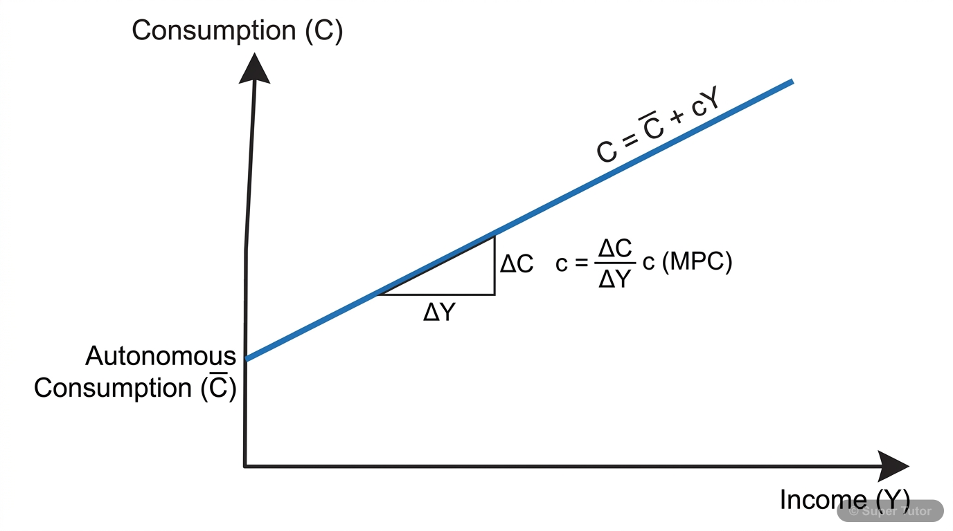 Consumption Function Graph A labeled graph showing the linear consumption function (C = C̄ + cY), identifying autonomous consumption (C̄) as the y-intercept and marginal propensity to consume (c) as the slope.
