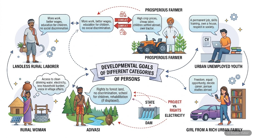 An infographic illustrating how different individuals or groups (e.g., landless rural laborers, prosperous farmers, urban youth, girls from rich families, Adivasis) have varied and sometimes conflicti