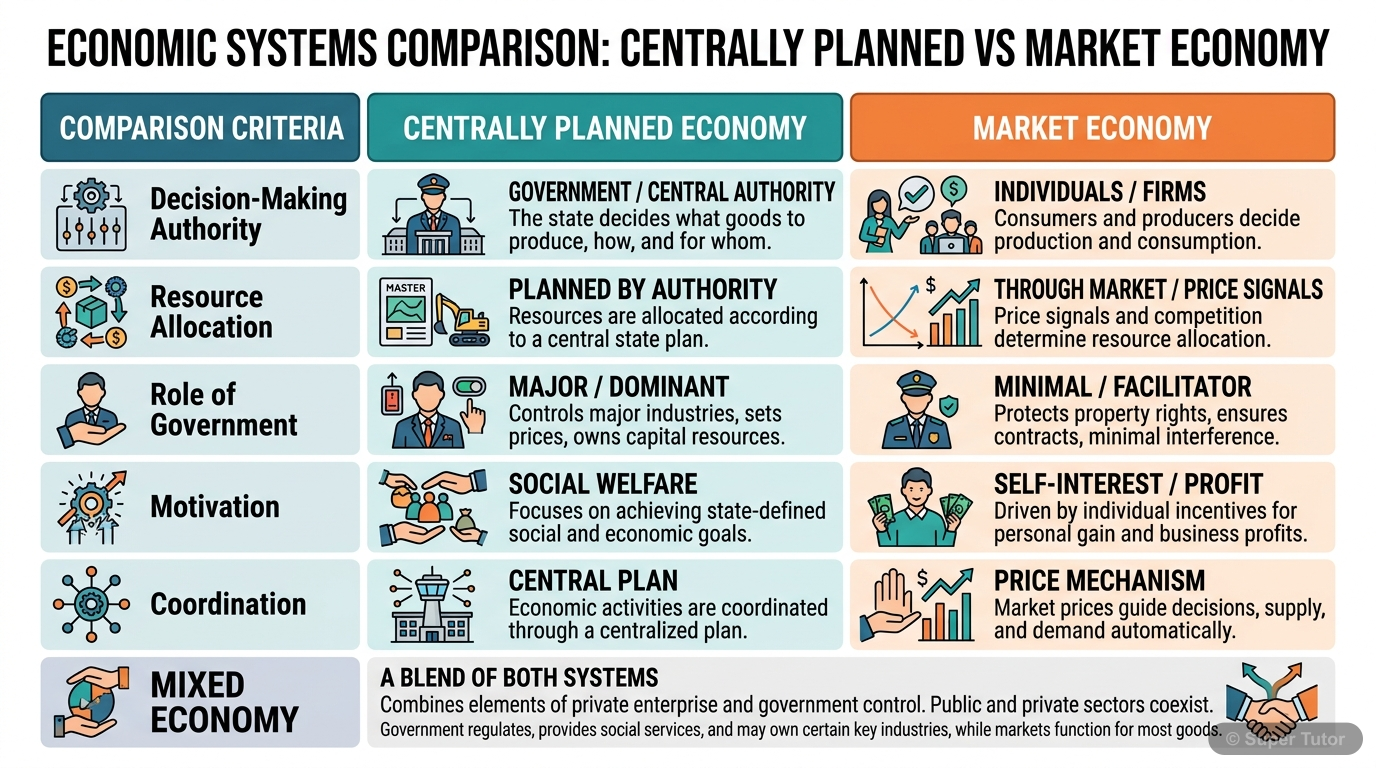 Centrally Planned vs. Market Economy A comparison chart highlighting the key characteristics, decision-making processes, and roles of government in centrally planned economies versus market economies.