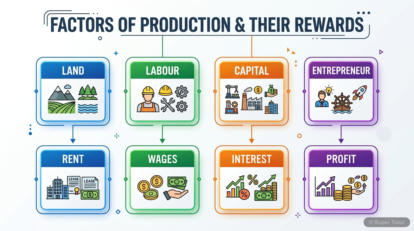 Factors of Production and Their Rewards A flowchart illustrating the four main factors of production (Land, Labour, Capital, Entrepreneur) and their corresponding rewards (Rent, Wages, Interest, Profit).