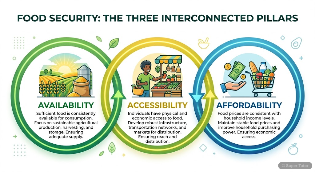 An infographic illustrating the three core dimensions of food security: availability, accessibility, and affordability, with brief explanations for each.