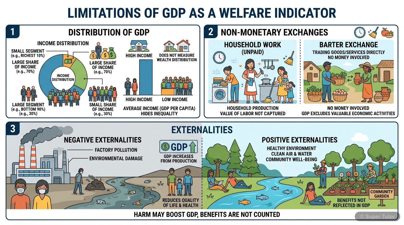 Limitations of GDP as a Welfare Indicator An infographic illustrating the three main reasons why GDP may not be an accurate measure of a country's welfare: distribution of GDP, non-monetary exchanges, and externalities.