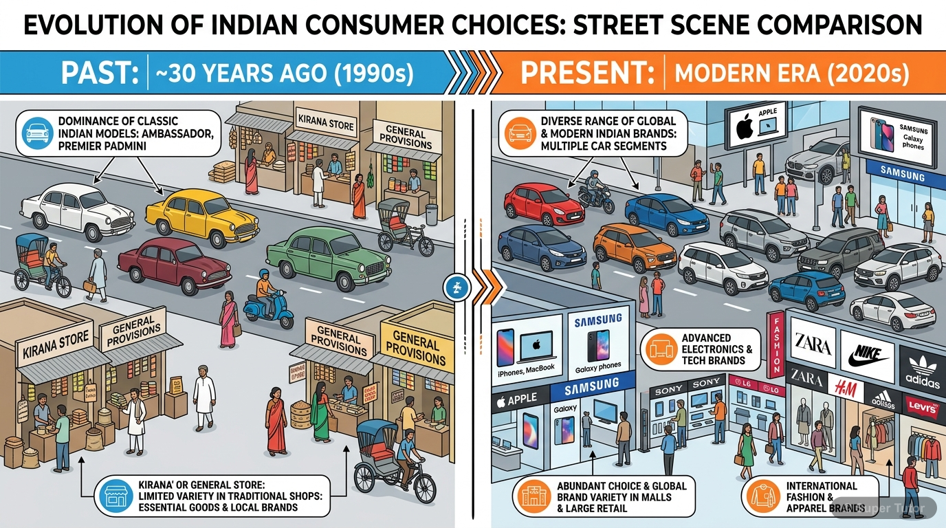 An illustration showing the contrast between limited consumer choices in India two decades ago (e.g., Ambassador car, few brands) and the wide variety of global brands and products available today (e.