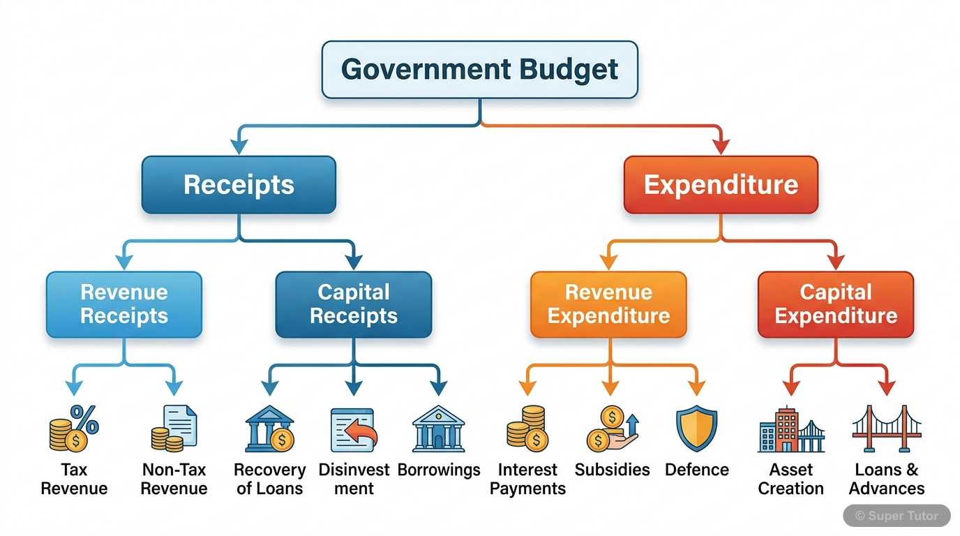 Government Budget: Components and Flow A flowchart illustrating the main components of a government budget, showing the sources of revenue (tax and non-tax) and avenues of expenditure (revenue and capital), and how they interact to form th