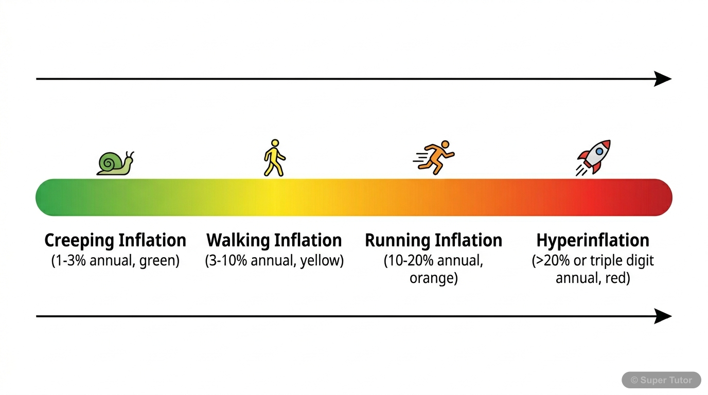 A chart illustrating the different types of inflation (creeping, walking, running, hyperinflation) based on their annual percentage rate of price increase, showing a spectrum from mild to severe.