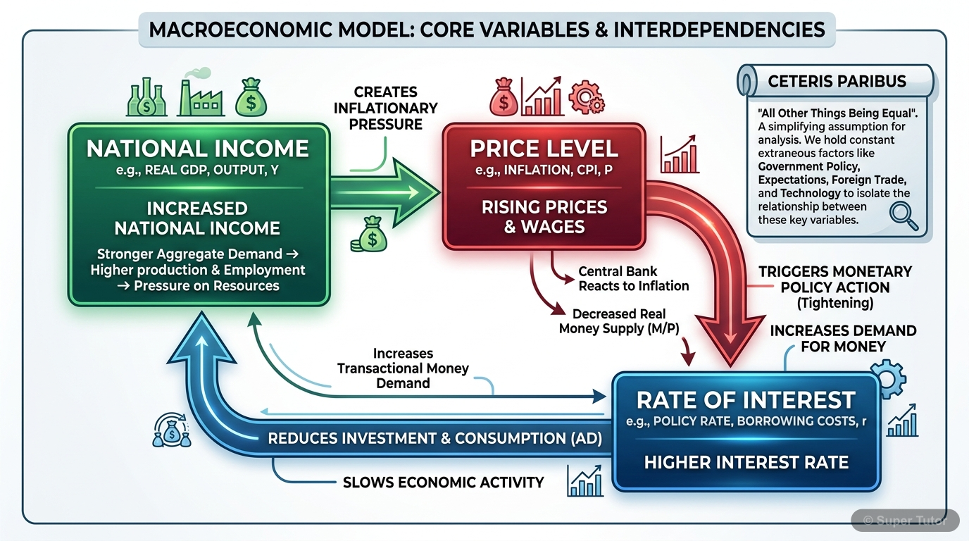 Macroeconomic Model Variables and Interdependencies A flowchart illustrating how macroeconomic models simplify the economy by focusing on key variables like national income, price level, and interest rate, and how 'ceteris paribus' is applied to analyz