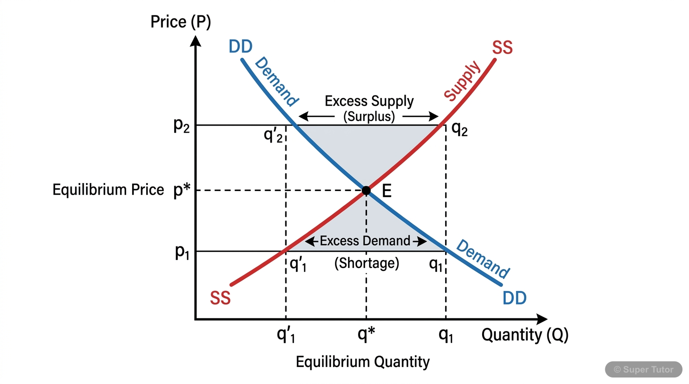 A graph showing the intersection of market demand and supply curves, illustrating the equilibrium price and quantity, and areas of excess demand and excess supply.