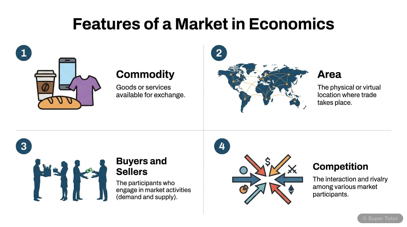 An infographic illustrating the key features of a market from an economic perspective, emphasizing that it's not necessarily a physical place but an arrangement for exchange. It should highlight commo