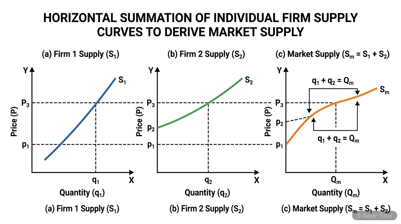 Derivation of Market Supply Curve (Horizontal Summation) A multi-panel labeled diagram showing the horizontal summation of individual firm supply curves to derive the market supply curve in perfect competition. Illustrates two firms with different supply cu