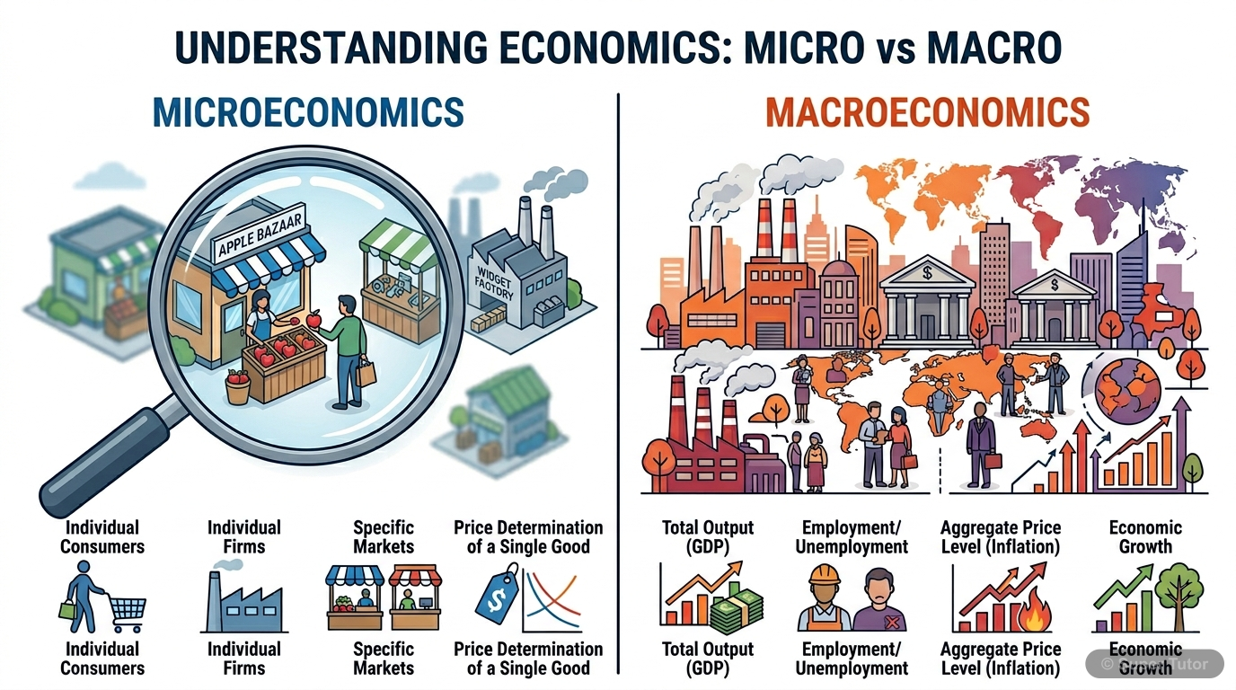 Microeconomics vs. Macroeconomics An infographic illustrating the distinction between microeconomics (study of individual agents and markets) and macroeconomics (study of the economy as a whole), with examples of topics for each.