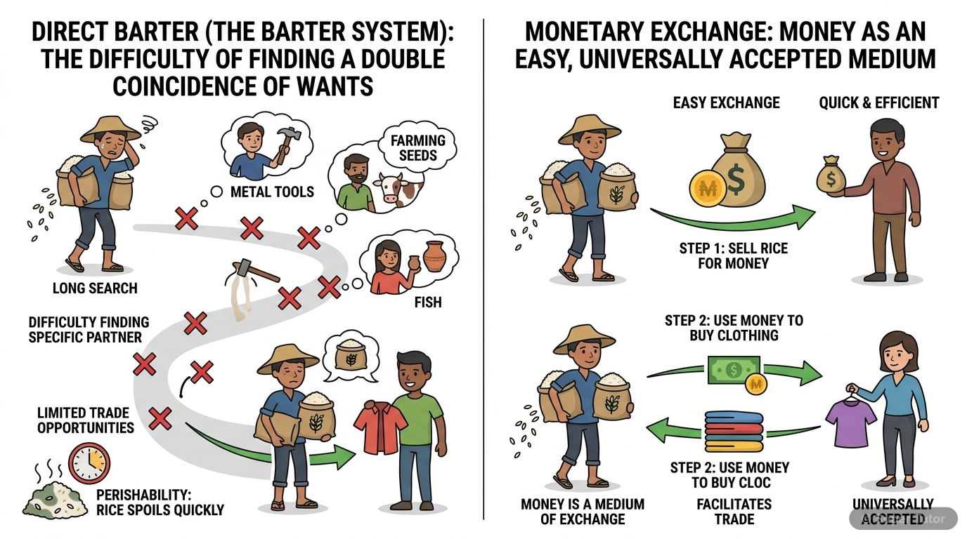 A comparison showing the difficulties of a barter system (double coincidence of wants, storage issues) versus the ease of transactions with money as a medium of exchange, unit of account, and store of