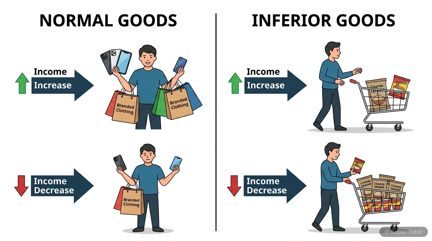 Normal vs. Inferior Goods A comparison illustrating the difference between normal and inferior goods based on how their demand changes with consumer income.