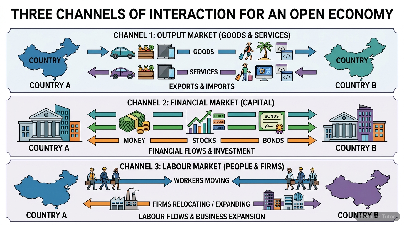Channels of Interaction in an Open Economy An infographic illustrating the three main channels through which an open economy interacts with other countries: Output Market (trade in goods/services), Financial Market (trade in financial assets),