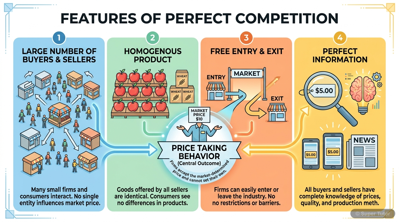 Defining Features of Perfect Competition An infographic illustrating the four key defining features of a perfectly competitive market: large number of buyers and sellers, homogenous products, free entry and exit, and perfect information. Eac