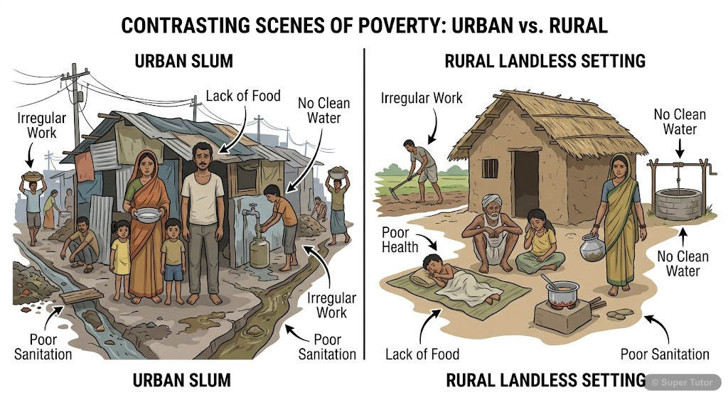 An illustration depicting various aspects of poverty such as hunger, lack of shelter, lack of clean water, poor sanitation, lack of regular jobs, and helplessness, as described in the chapter's urban 