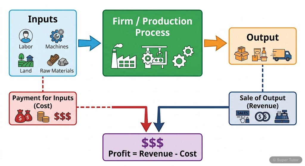 A flowchart illustrating the transformation of various inputs (labor, capital, raw materials) into an output by a firm, highlighting the payment for inputs (cost), sale of output (revenue), and the re