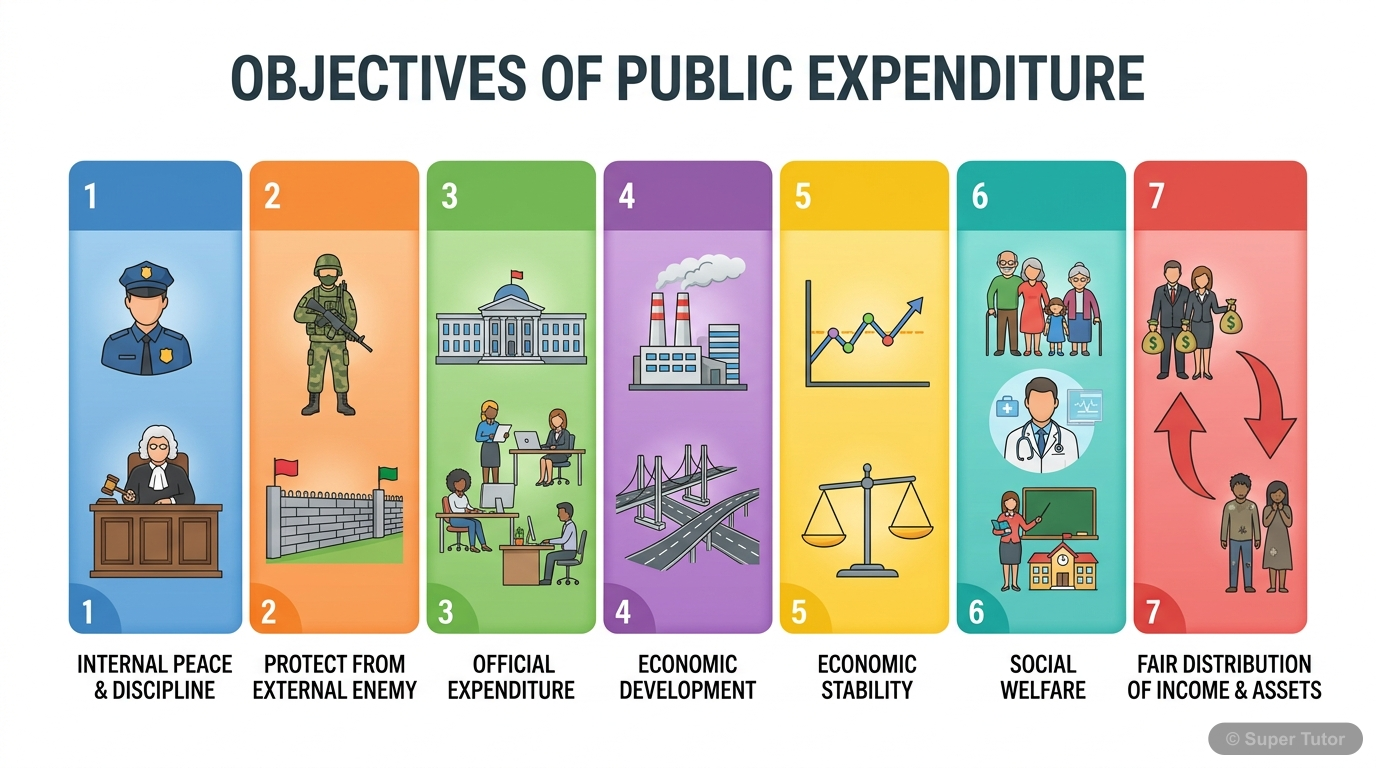 An infographic illustrating the main objectives of public expenditure by the government, such as ensuring peace, protecting the country, economic development, social welfare, and fair distribution of 
