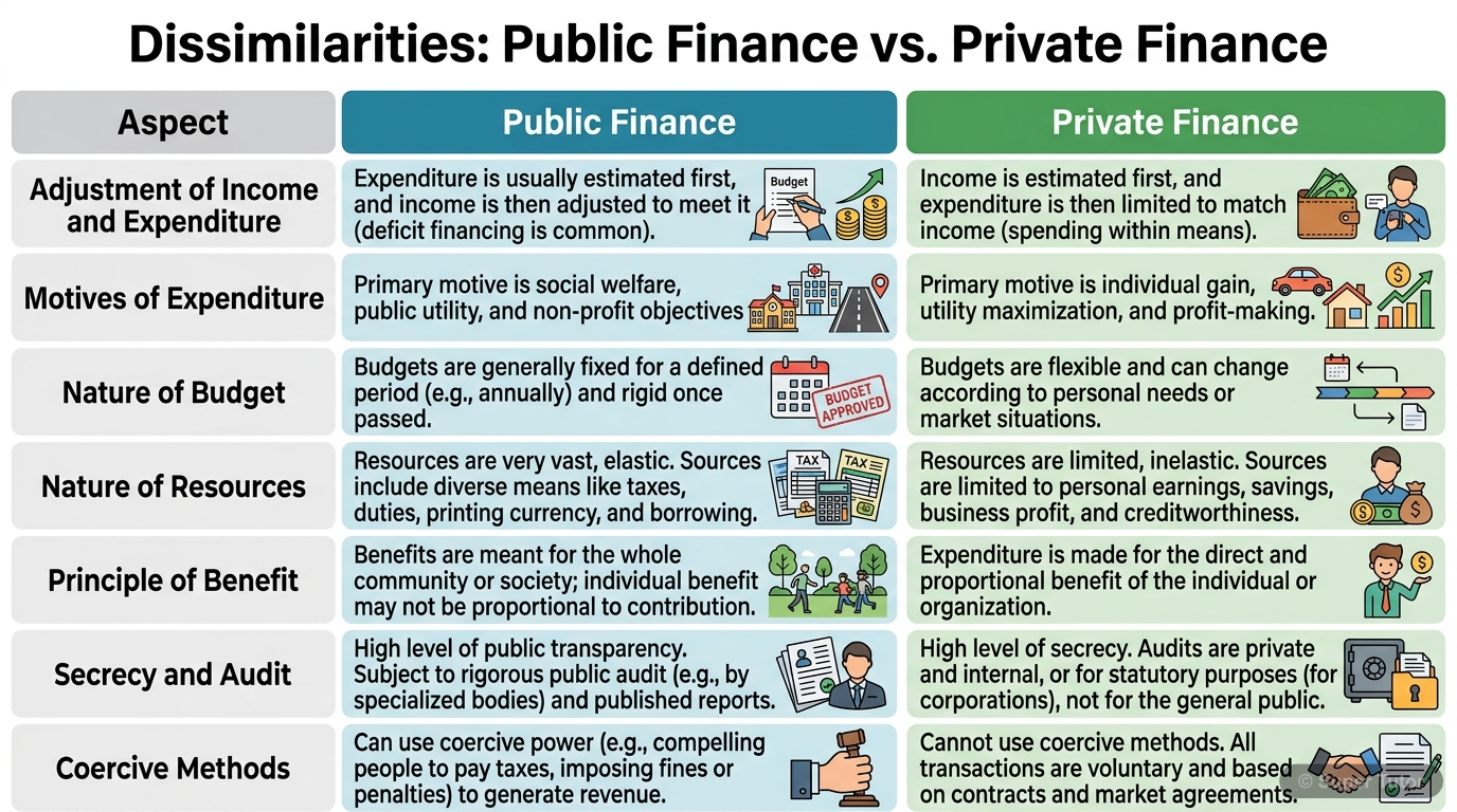 A comparison chart detailing the key differences between public finance (government) and private finance (individual), focusing on aspects like income/expenditure adjustment, motives, budget nature, r