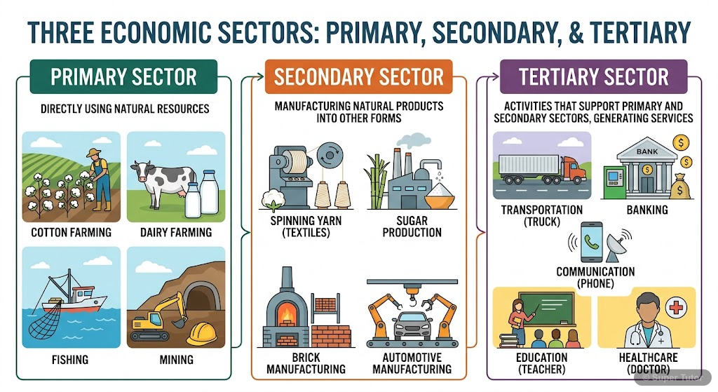 Sectors of Economic Activities An infographic illustrating the three main sectors of economic activities: Primary, Secondary, and Tertiary, with examples for each.