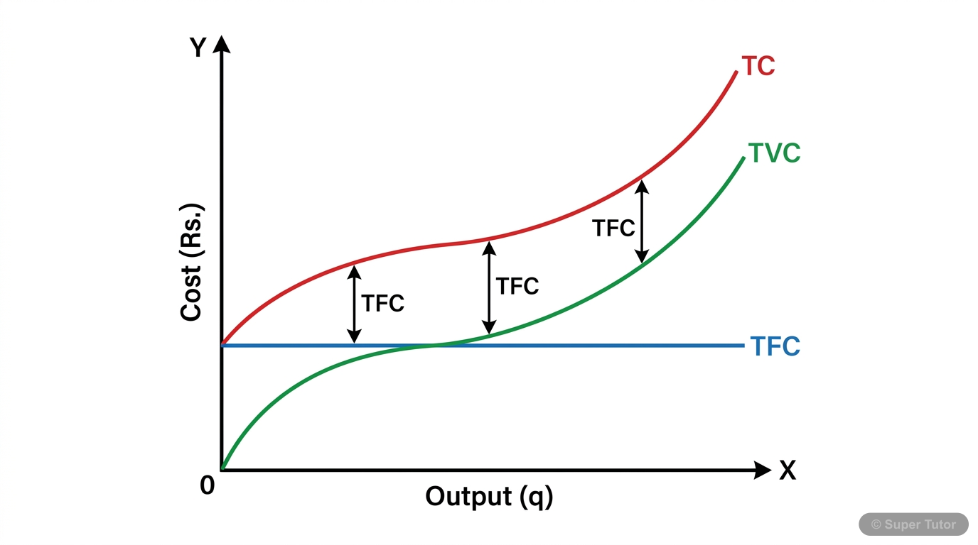 Short Run Total Cost Curves (TFC, TVC, TC) A graph showing the shapes of Total Fixed Cost (TFC), Total Variable Cost (TVC), and Total Cost (TC) curves in the short run, with output on the X-axis and costs on the Y-axis.