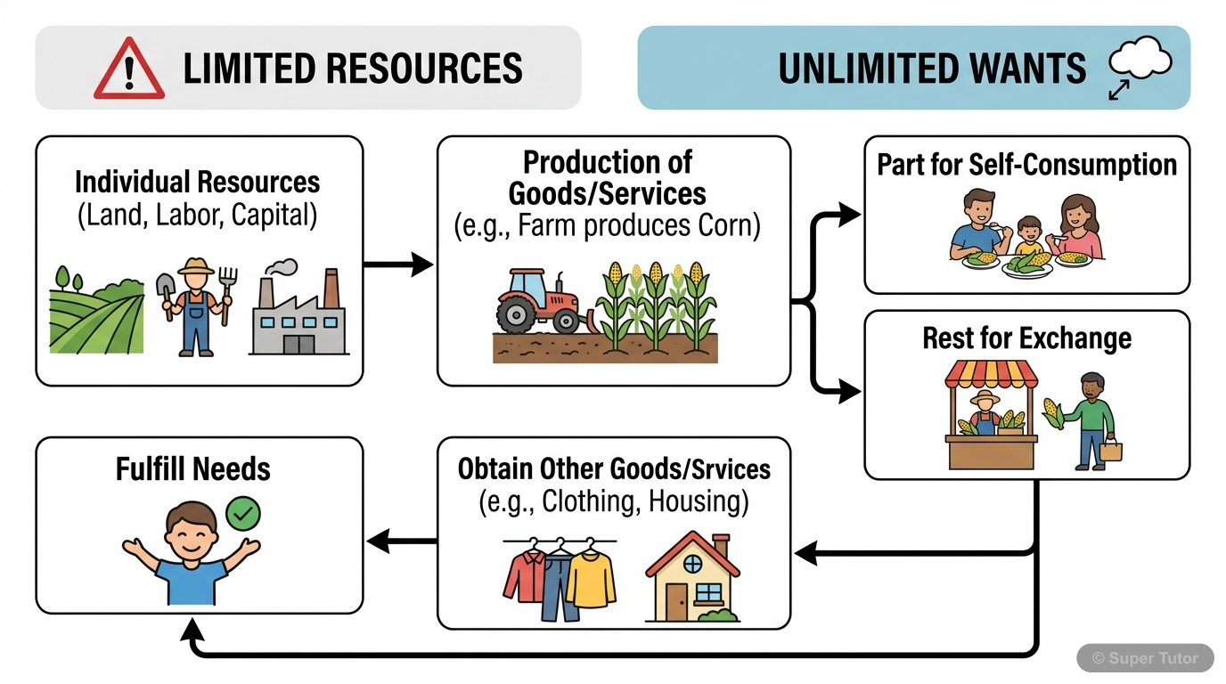 A flowchart illustrating how individuals in a simple economy use their limited resources to produce goods/services, consume some, and exchange the rest to fulfill other needs, highlighting the concept