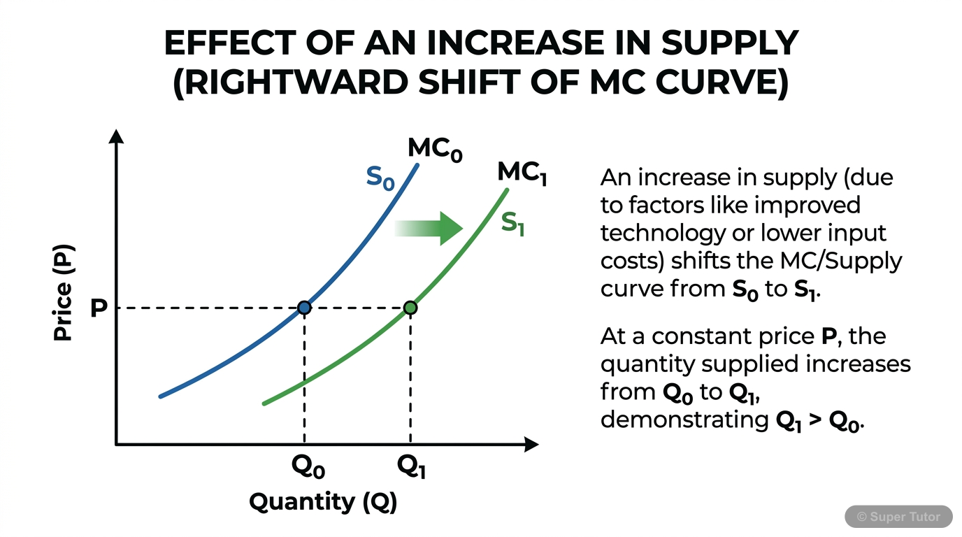 Impact of Technological Progress on Supply Curve A labeled diagram showing how technological progress shifts a firm's marginal cost and supply curves to the right, indicating an increase in supply at any given price.