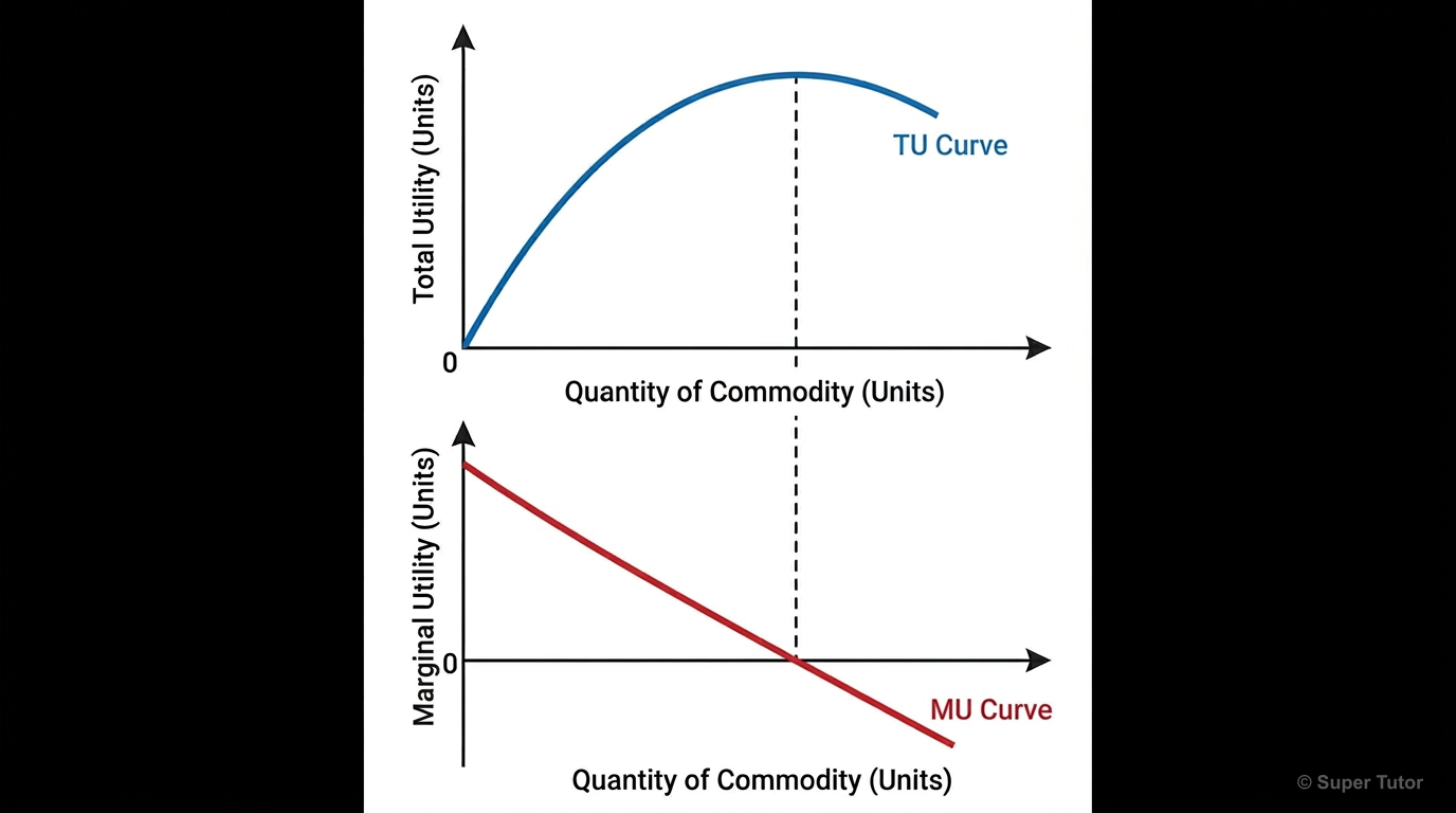 Total Utility and Marginal Utility Curves A graph showing the relationship between total utility (TU) and marginal utility (MU) as consumption of a good increases. TU increases at a diminishing rate, reaches a maximum, and then declines, whil