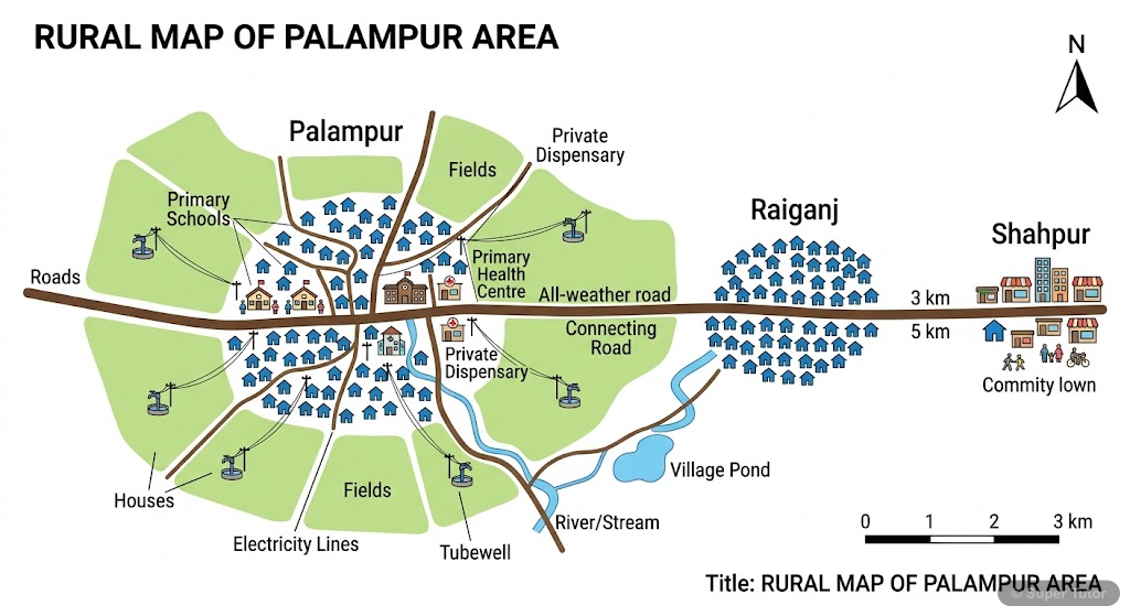 Overview Map of Palampur and Surroundings A map showing the hypothetical village Palampur, its connection to Raiganj and Shahpur via an all-weather road, highlighting key infrastructure like schools, health centers, and electricity lines.