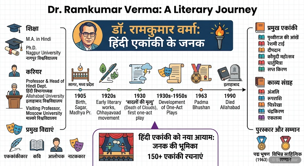 An infographic detailing the key life events, educational background, career highlights, awards, and literary contributions of Dr. Ramkumar Verma, the playwright of 'Deepdaan'.