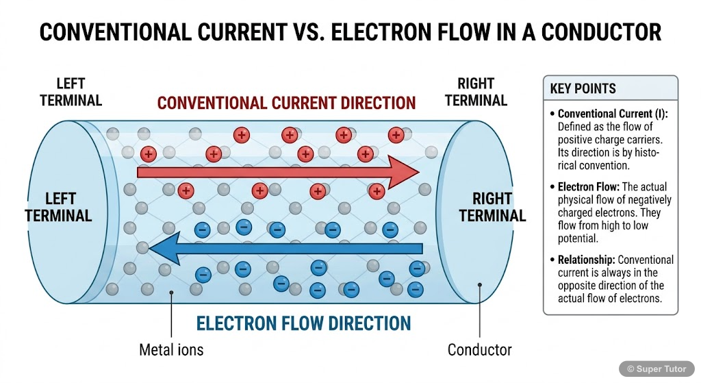 An illustration showing a conductor with positive charges moving in one direction (conventional current) and negative charges (electrons) moving in the opposite direction, clarifying the definition of
