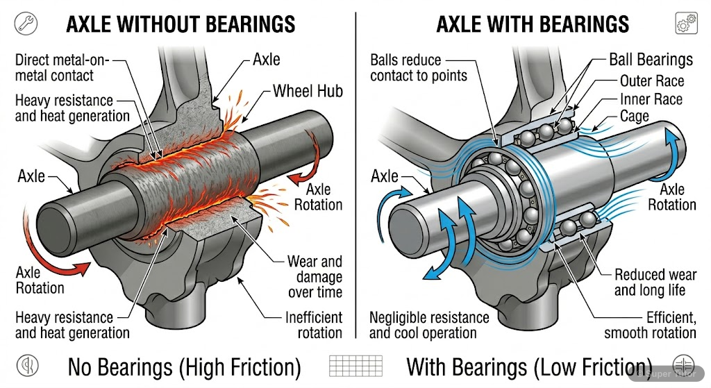 An illustration showing a bicycle wheel axle with and without bearings. The 'without bearings' side shows high friction (red, rough contact) and difficulty in rotation. The 'with bearings' side shows 
