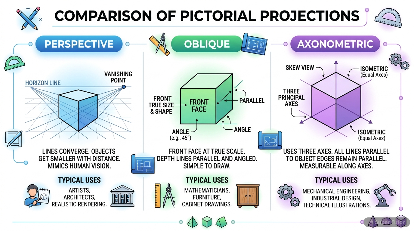 An infographic comparing Perspective, Oblique, and Axonometric projections, highlighting their key characteristics, uses, and visual effects (e.g., vanishing point for perspective, depth for oblique, 